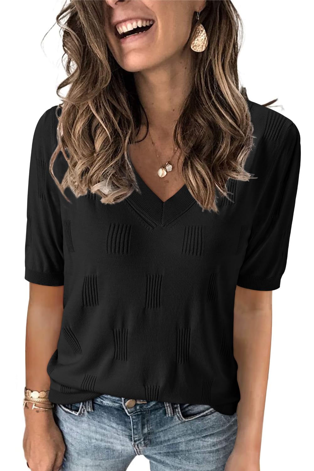 Arach&Cloz Women's Lightweight Fall Sweater Tops Casual Short Sleeve Blouses Shirts