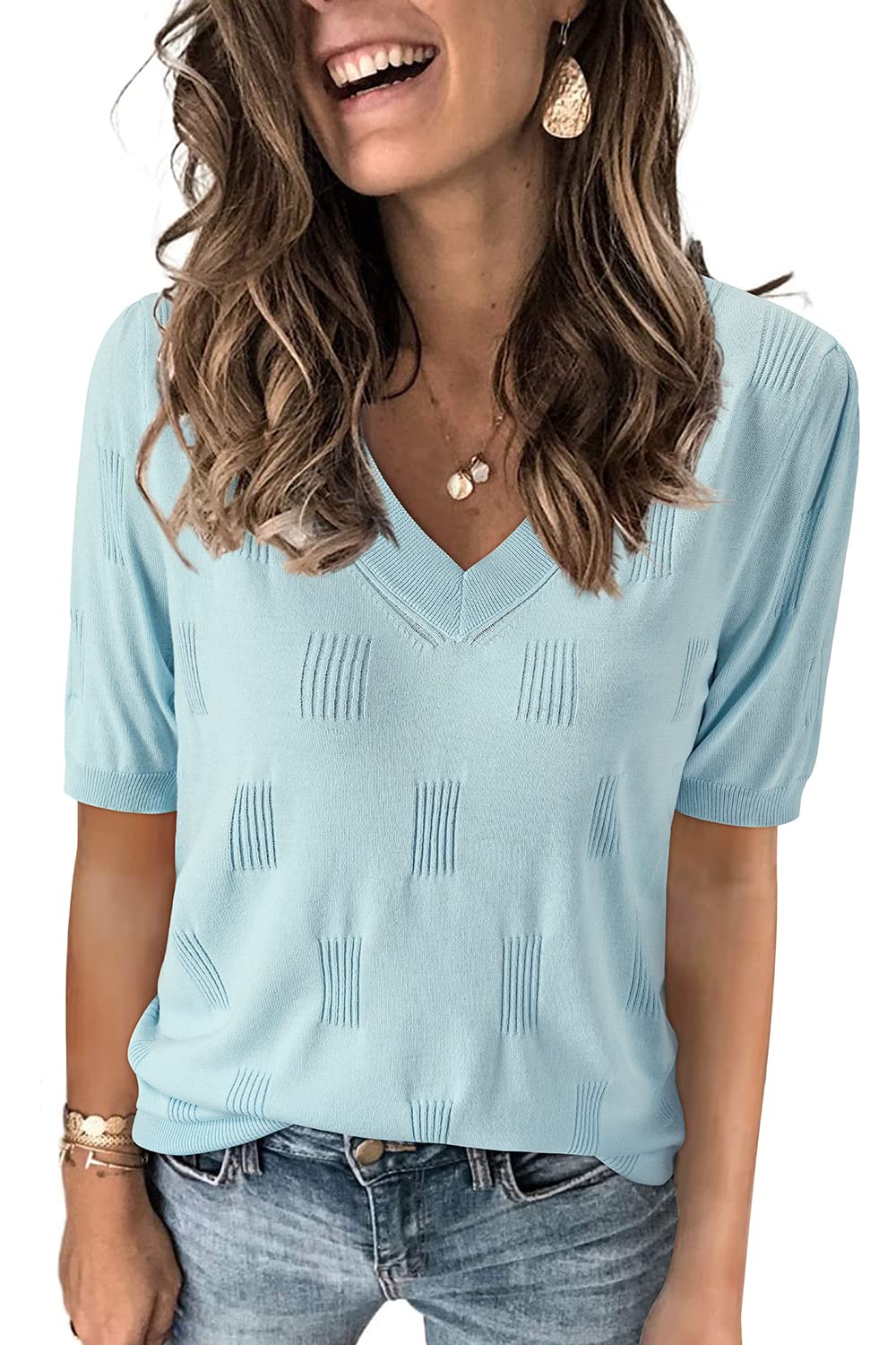 Arach&Cloz Women's Lightweight Fall Sweater Tops Casual Short Sleeve Blouses Shirts