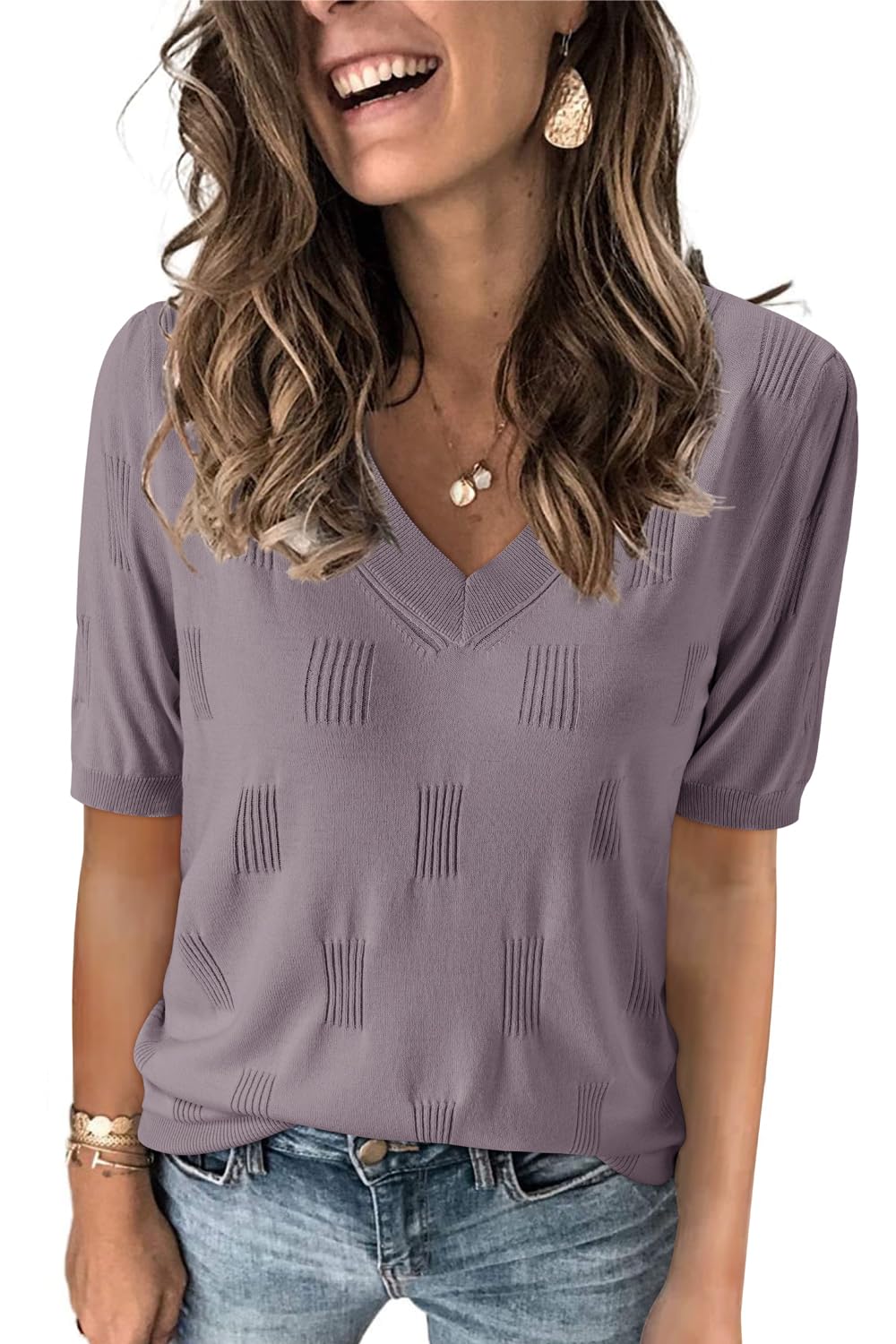Arach&Cloz Women's Lightweight Fall Sweater Tops Casual Short Sleeve Blouses Shirts