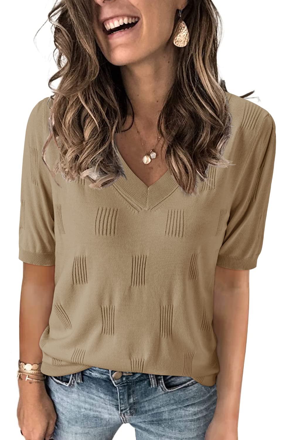 Arach&Cloz Women's Lightweight Fall Sweater Tops Casual Short Sleeve Blouses Shirts