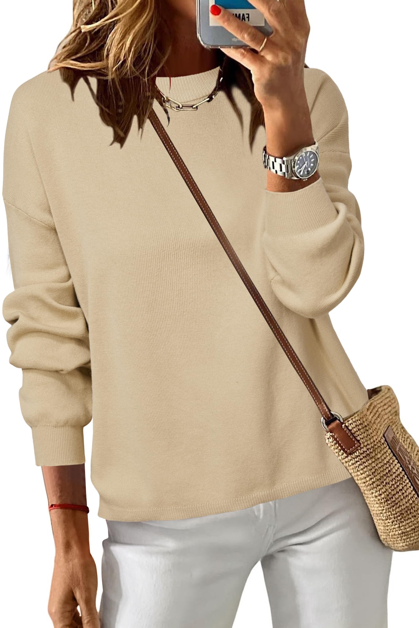 Arach&Cloz Women's 100% Cotton Crew Neck Fall Casual Relaxed Fit Sweater Tops 2025