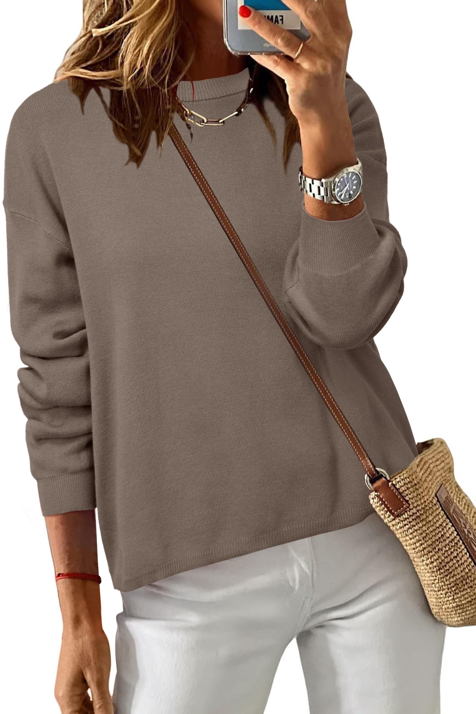 Arach&Cloz Women's 100% Cotton Crew Neck Fall Casual Relaxed Fit Sweater Tops 2025