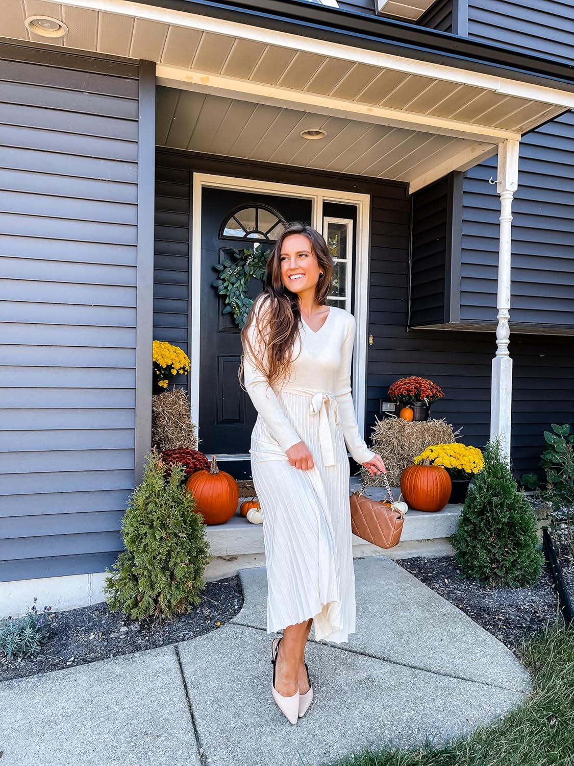 Arach&Cloz Women's Wool Blend Tie Waist Pleated Fall Sweater Dress 2025