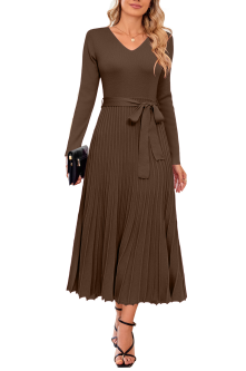 Arach&Cloz Women's Wool Blend Tie Waist Pleated Fall Sweater Dress