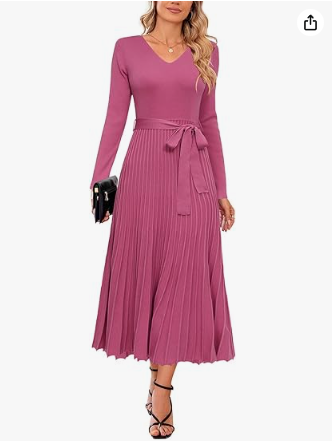 Arach&Cloz Women's Wool Blend Tie Waist Pleated Fall Sweater Dress